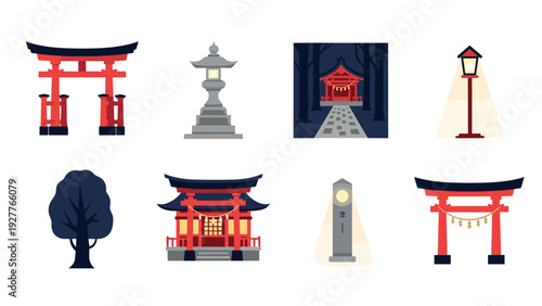 collection of Japanese shrine elements with torii gates lanterns temple and tree in flat hand drawn style