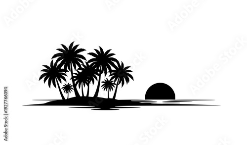 Tropical island palm tree silhouette summer beach vacation vector isolated white background