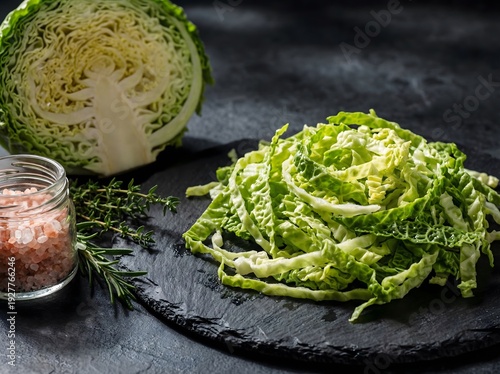 Fresh raw organic green cabbage on a rustic wooden table makes a healthy vegetarian ingredient for a crisp salad meal