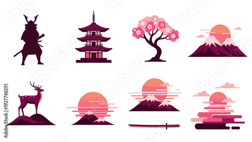 set of hand drawn Japanese cultural symbols samurai deer cherry blossom mountain and katana illustration