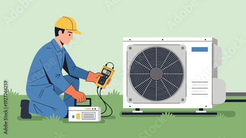 technician checking air conditioning unit with electronic meter hand drawn illustration