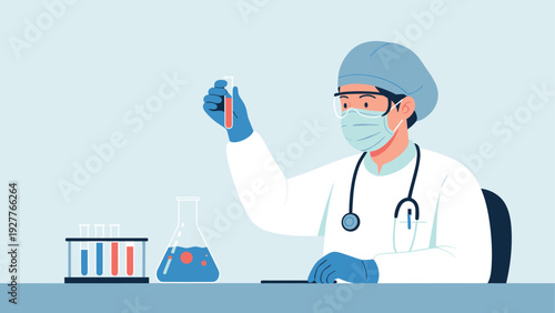 doctor scientist examining test tube with blood sample in hand drawn medical laboratory illustration