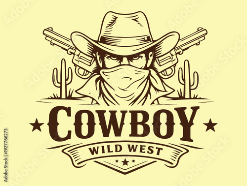 Wild west cowboy logo with outlaw hat guns and cacti.
