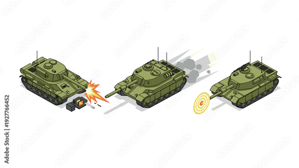 Obraz premium three green tanks in isometric style showing firing shooting and target hit sequence illustration