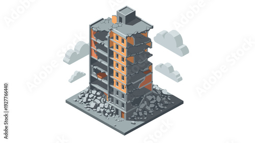 isometric damaged multi story building with rubble around hand drawn urban destruction illustration