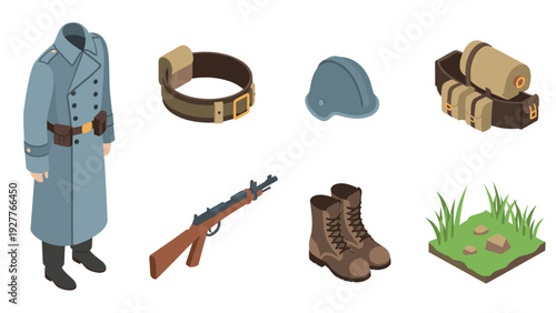 isometric military soldier uniform and equipment set in flat style for wartime illustration