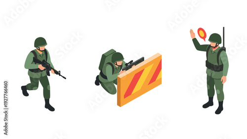 isometric soldiers with rifles and tactical gear in combat positions hand drawn army set