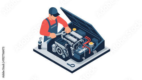 mechanic repairing car engine with wrench isometric hand drawn illustration for automotive service