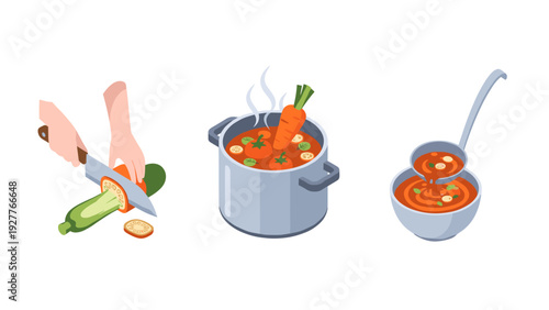 hand drawn process of cooking vegetable soup with cutting vegetables boiling pot and ladling soup illustration