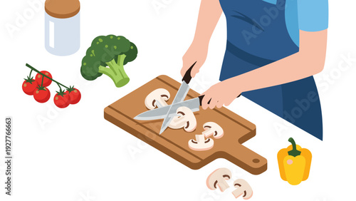 person chopping fresh mushrooms on wooden cutting board with vegetables and jar hand drawn cooking illustration