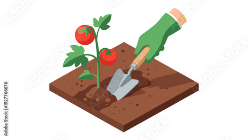 hand drawn illustration of person planting tomato seedling in soil with gardening trowel