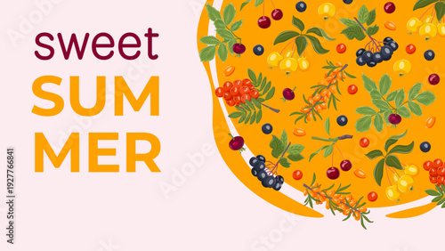 Sweet Summer fruit banner with citrus and berries. Bright seasonal template for juice packaging, party cards, menus and fresh food branding.