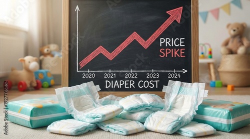 Rising Diaper Expenses Illustrated on Blackboard with Increasing Graph Arrow