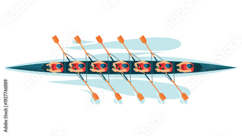 eight rowers rowing boat top view in flat vector style for sport and water activity illustration