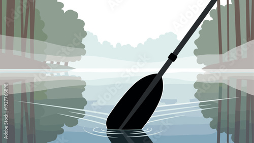 paddle dipping into water with calm lake reflection minimalist vector illustration