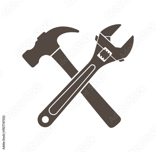 Crossed hammer and adjustable wrench tools for repair and construction work