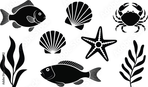 Set of black silhouette icons featuring marine creatures and ocean flora such as fish, crab, starfish, and seaweed for aquatic-themed designs.