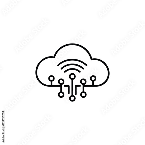 Cloud services icon black and white vector line illustration of wireless network and data technology