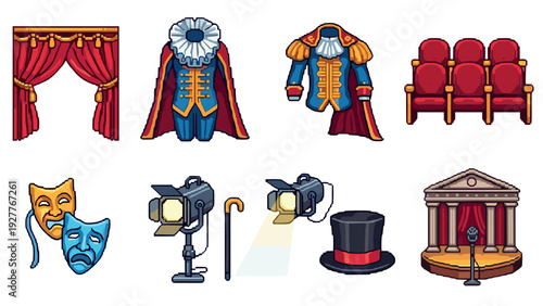 theater costume and stage elements hand drawn colorful collection of vintage clothing props and performance equipment