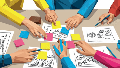 hands of business team collaborating with sticky notes and sketches in low poly style vector illustration