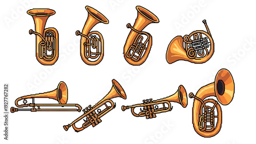 hand drawn collection of brass musical instruments including trumpet trombone tuba and french horn illustrations