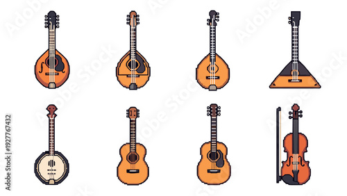 set of hand drawn string musical instruments including mandolin banjo acoustic guitar violin in pixel art style