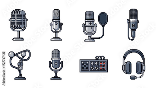 collection of hand drawn vintage and modern microphones audio equipment and headset icons