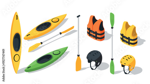 set of colorful kayaks life jackets paddles and safety helmets in isometric style for water sports and outdoor activities
