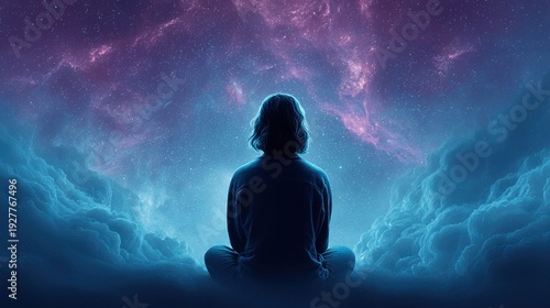 Person meditating in a cosmic nebula with stars and clouds, feeling serene and connected