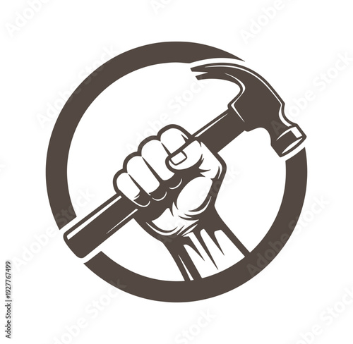 hand holding hammer in circle isolated on transparent background