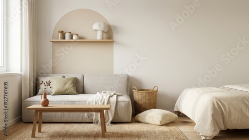 Cozy studio apartment interior with sofa and bed in neutral tones