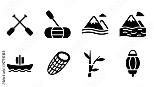 rafting paddles raft mountain river boat bamboo and lantern black silhouette icon set