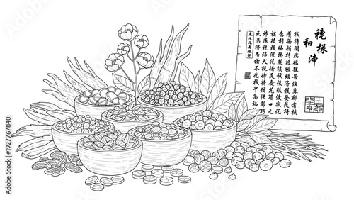 various traditional chinese herbs in bowls with lotus and leaves hand drawn illustration with ancient script background