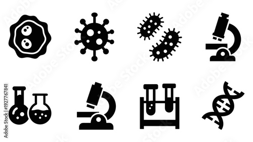 set of black medical and scientific icons including virus bacteria microscope test tubes and dna strand in minimalist style