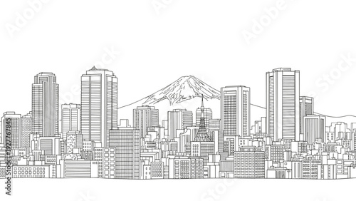 tokyo city skyline with mount fuji in hand drawn line art style urban cityscape illustration