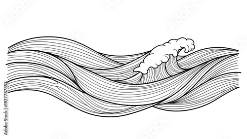 abstract hand drawn ocean waves with curling foam line art black and white illustration