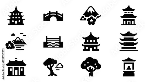 set of traditional Japanese architecture and nature icons in black silhouette style