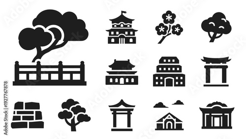 set of asian culture black silhouette icons with traditional buildings trees flowers and gates in hand drawn style
