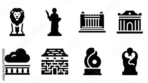 silhouette icons of various statues monuments buildings and architectural elements in black vector