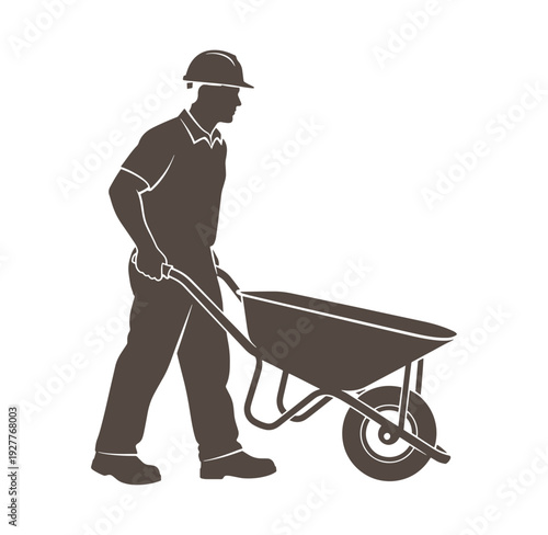 Man in hard hat pushing a wheelbarrow outdoors alone