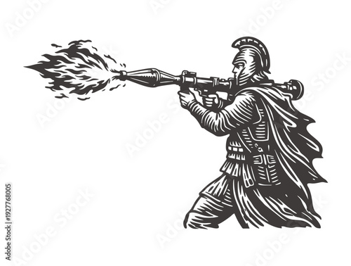 Ancient Roman centurion firing a modern rocket launcher with fire.