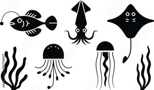 Playful black silhouette collection of deep sea creatures: anglerfish, squid, manta ray, jellyfish, and seaweed for unique designs.