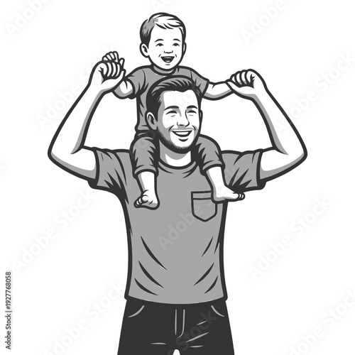 smiling father carrying his young son on his shoulders, joyful family bonding moment sketch engraving generative ai fictional character vector illustration. Scratch board. Black and white image.
