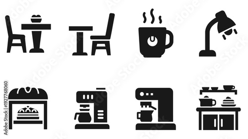 set of black silhouette coffee shop icons including table with chairs coffee cup lamp oven coffee machine and kitchen shelves in minimalist style