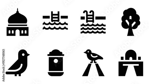 set of black silhouette icons with swimming pool ladders, building domes, birds, tree, and birdhouse in minimalist style
