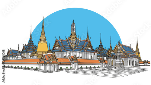 colorful hand drawn illustration of grand palace with traditional thai architecture and spires with blue background