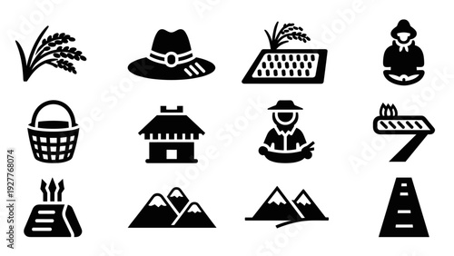 set of farming and mountain landscape black silhouette icons including farmer harvest hat basket house and road