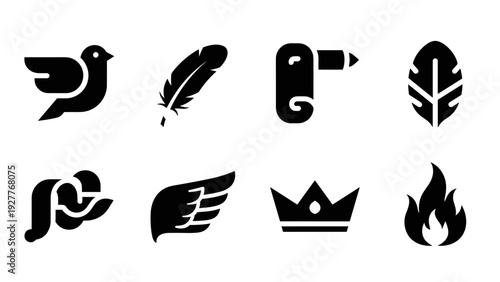black silhouette icons set with bird feather scroll wing crown and fire in minimalist style