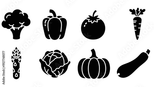black silhouette icons of assorted vegetables set in simple style