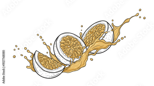 three sliced hand drawn passion fruit with juice splash illustration
